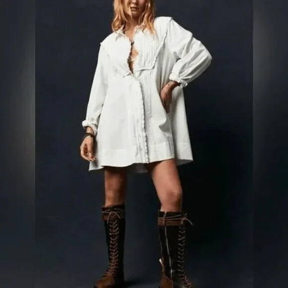 FREE PEOPLE Cherry Mini Dress Tunic White Farmhouse Rustic Pleated M Medium NEW - Picture 4 of 5